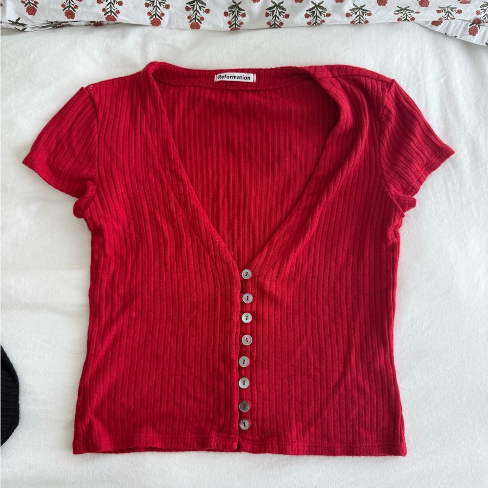 Reformation Red Ribbed Short Sleeve Button Down Shirt
